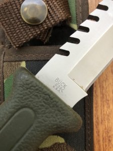 Buck Knife: Buck 639 Field Mate - Part Serrated Survival Knife with Green Rubber Handle & Camo Sheath