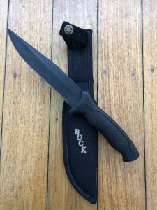 Buck Knife: Buck Nighthawk - Plain Edge Long Blade with Black Handle and Black Blade