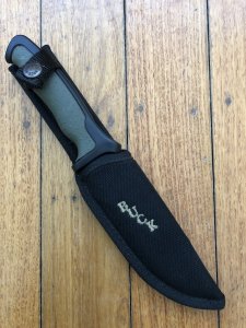 Buck Knife: Buck 655 Short NightHawk - Part Serrated Survival Knife with Green/Black Rubber Handle & Black Sheath