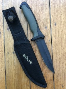 Buck Knife: Buck 655 Short NightHawk - Part Serrated Survival Knife with Green/Black Rubber Handle & Black Sheath