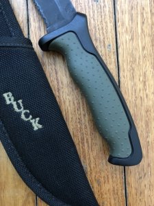 Buck Knife: Buck 655 Short NightHawk - Part Serrated Survival Knife with Green/Black Rubber Handle & Black Sheath