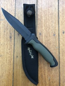 Buck Knife: Buck 655 Short NightHawk - Part Serrated Survival Knife with Green/Black Rubber Handle & Black Sheath