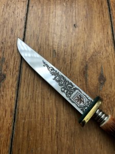 German 1950's Mini Knife with Coat of Arms Scene & Carved Resin Handle