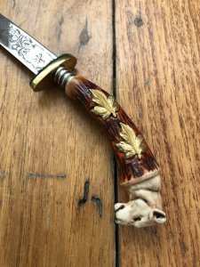 German 1950's Mini Knife with Coat of Arms Scene & Carved Resin Handle