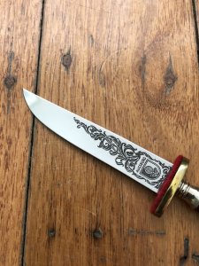 German 1950's Mini Knife with Coat of Arms Scene & Carved Resin Handle
