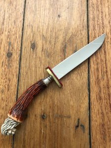 German 1950's Mini Knife with Coat of Arms Scene & Carved Resin Handle