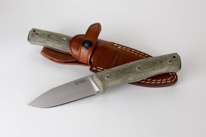 LionSTEEL Italy. Model B35 CVG Green Canvas Micarta Handle with Leather Sheath