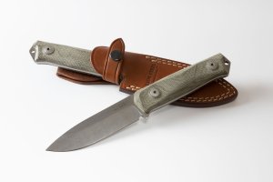 LionSTEEL Italy. Model B41-1 CVG Green Canvas Micarta Handle with Leather Sheath