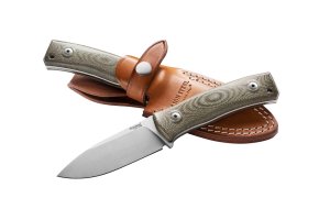 LionSTEEL Italy. Model M4 CVG Green Canvas Micarta Handle with Leather Sheath
