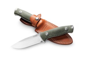 LionSTEEL Italy. Model M5 CVG-1 Green Canvas Micarta Handle with Leather Sheath
