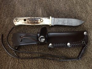 SOS Damascus *PUMA Hunters Pal* Knife with Sambar Deer Antler Handle & Leather Sheath