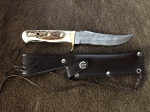 SOS Damascus *PUMA Skinner* Knife with Sambar Deer Antler Handle & Leather Sheath