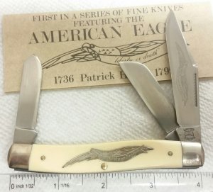 Schrade Parker E1 American Eagle stockman knife, Patrick Henry, cream handles