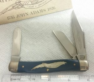 Schrade Parker E2 American Eagle stockman knife, John Adams, blue handles