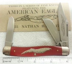 Schrade Parker E3 American Eagle stockman knife, Nathan Hale Red handles