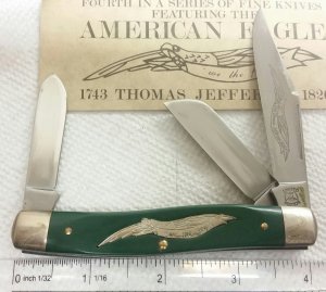 Schrade Parker E4 American Eagle stockman knife, Thomas Jefferson, green handles