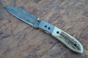 Damascus Folding Knife with Sambar Handle File Work and Pouch