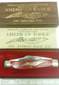 Schrade Parker E3 American Eagle stockman knife, Nathan Hale Red handles
