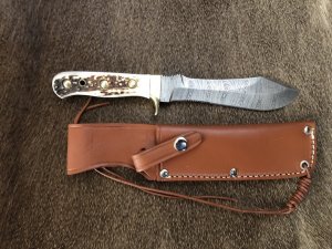 SOS Damascus *PUMA White Hunter* Knife with Sambar Deer Antler Handle & Leather Sheath