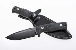 LionSTEEL Italy. Model T5 MI Canvas Micarta Handle Black Blade with Leather Sheath