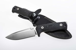 LionSTEEL Italy. Model T5 MI Canvas Micarta Handle Satin Blade with Leather Sheath