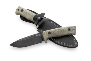 LionSTEEL Italy. Model T5B CVG Green Canvas Micarta Handle with Leather Sheath