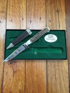 Widder Knife: Widder Solingen Jadgnicker Knife Bavarian City Knife with Sheath and Display Box