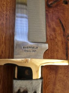 Sheffield English-made Wostenholm I*XL Bowie knife with Sambar Antler Handle & Leather Sheath
