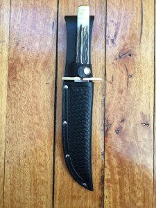 Sheffield English-made Wostenholm I*XL Bowie knife with Sambar Antler Handle & Leather Sheath