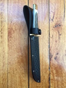 Sheffield English-made Wostenholm I*XL Bowie knife with Sambar Antler Handle & Leather Sheath