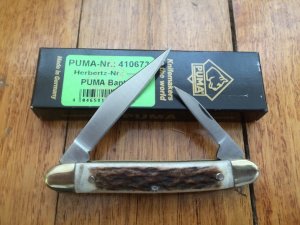 Puma Knife: Puma 1984 Bantam Folding Knife with Stag Antler Handle & Original Green & Yellow Box  #40482
