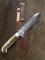 Damascus Knife: Damascus "White Hunter" Knife with Sambar Deer Antler Handle Mid Brown Sheath No2